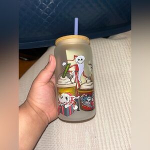 Frosted Glass Tumbler with Straw with Nightmare before Christmas design